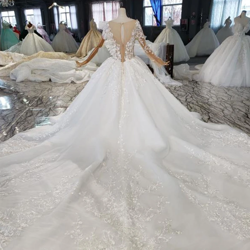 HTL1926 Elegant White Wedding Dress Palace Style Luxury Gorgeous Deep V-neck Lace One Shoulder Long Sleeve Gown Sexy Bridal Gown