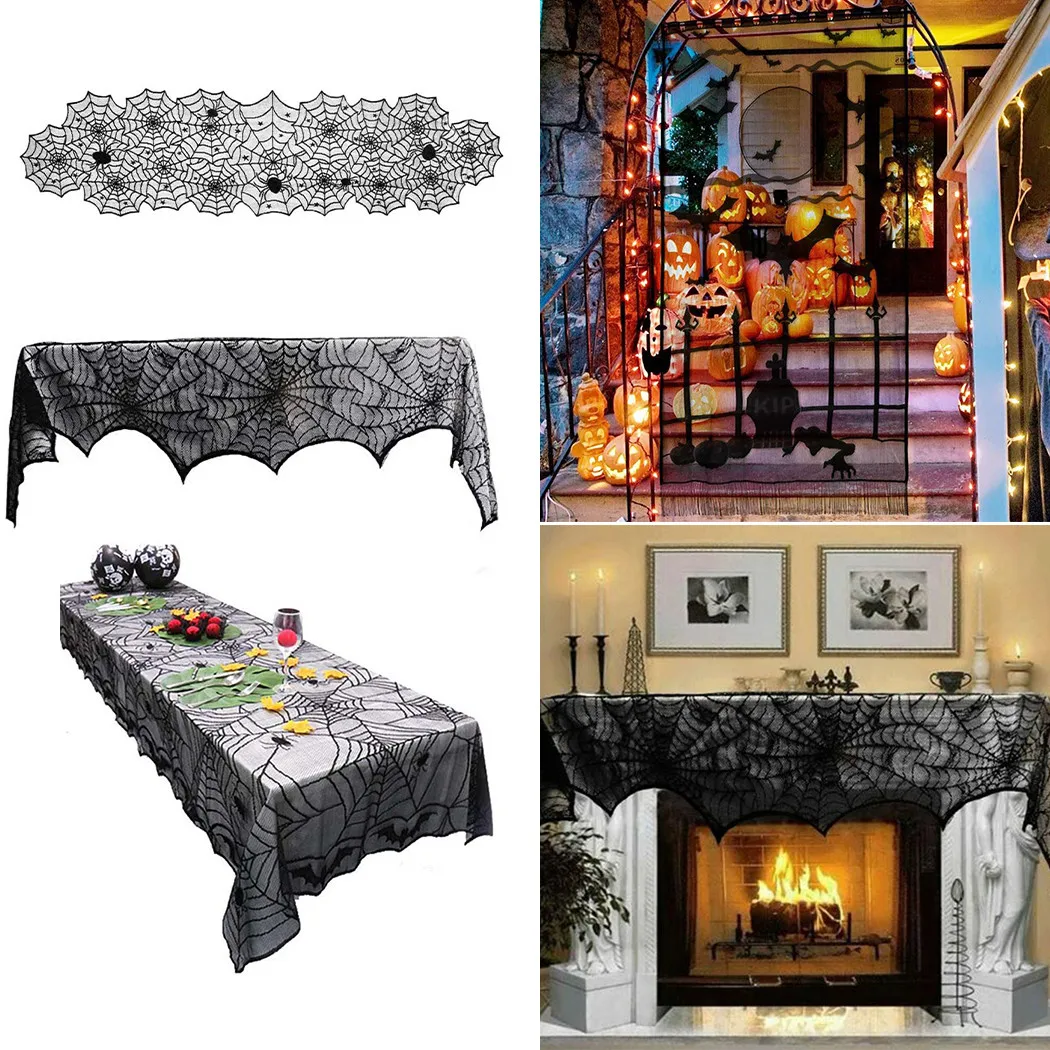 

Halloween Table Cloth Black Lace Spider Luminous Belt Table Cloth Design Fireplace Table Decor Halloween Fancy Dress Party Deco