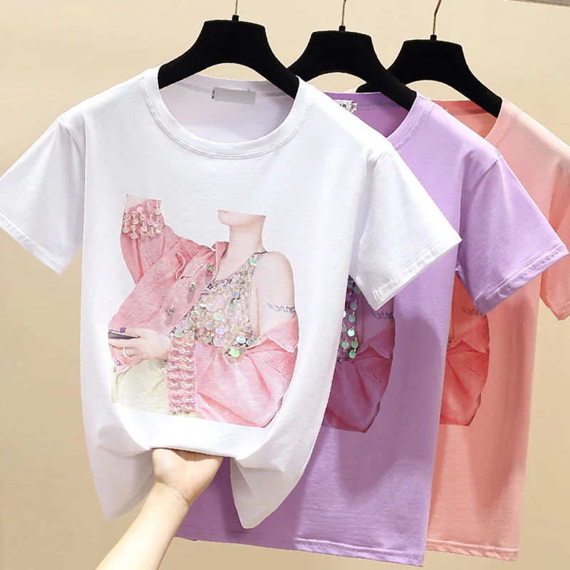 

GGRIGHT New 2021 Summer Cotton Tops Woman T-shirt Print Beading Tee Shirt Pink Short Sleeve Tshirt Women Kawaii Clothes White