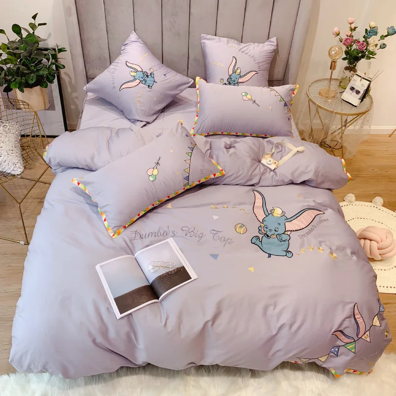 Disney Cartoon Cute Dumbo Bedding Set Bedroom Decorations for Boys and Girls Taro Purple Duvet Quilts Pillowcase Bedsheets