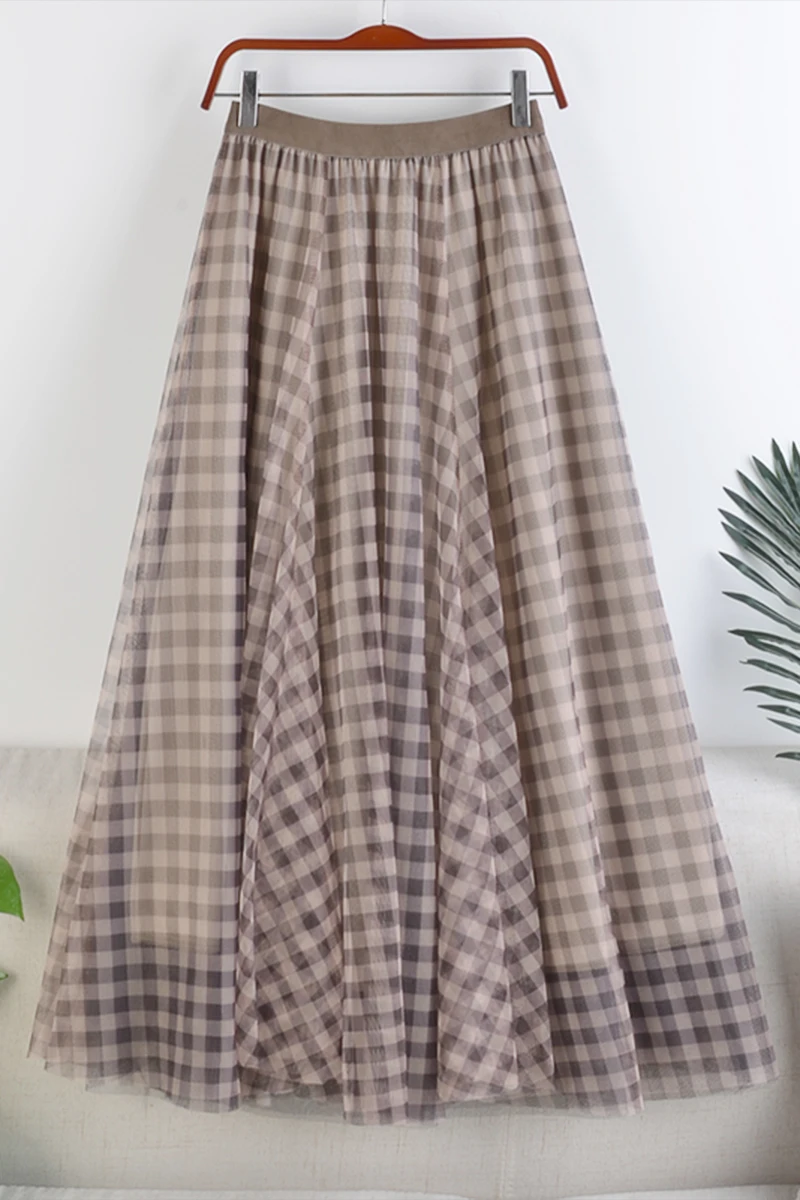 

new high waist is thin large elastic waist double-layer mesh plaid print mid-length skirt autumn winter women 198