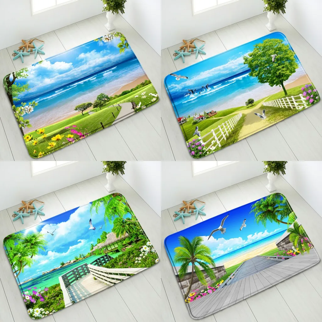 

Ocean Scenery Bathroom Non-Slip Mats Green Plants Trees Pink Flowers Seagulls Bedroom Kitchen Doormat Absorbent Carpet Washable