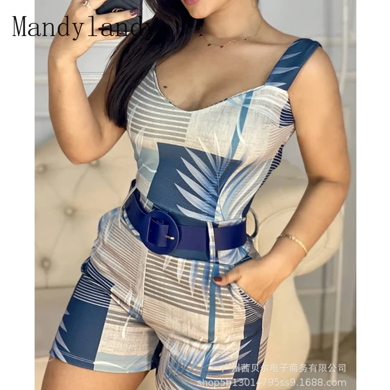 

Mandylandy Playsuits Summer Sexy V-neck Spaghetti Strap High Waist Straight Playsuits Women's Casual Slim Print Playsuits