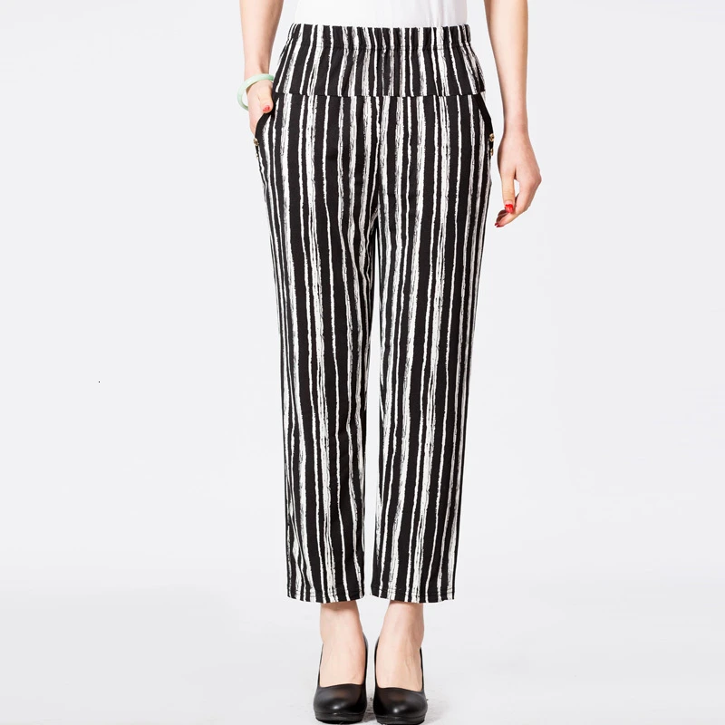

2021 Spring Summer Middle Aged Women Casual Striped Pants Pantalon Femme High Waist Ankle-Length Harem Trousers Plus Size 4XL