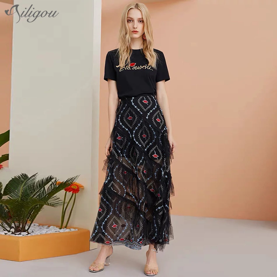 Женская длинная юбка Ailigou черная сетчатая с цветочной вышивкой лето 2021 | одежда