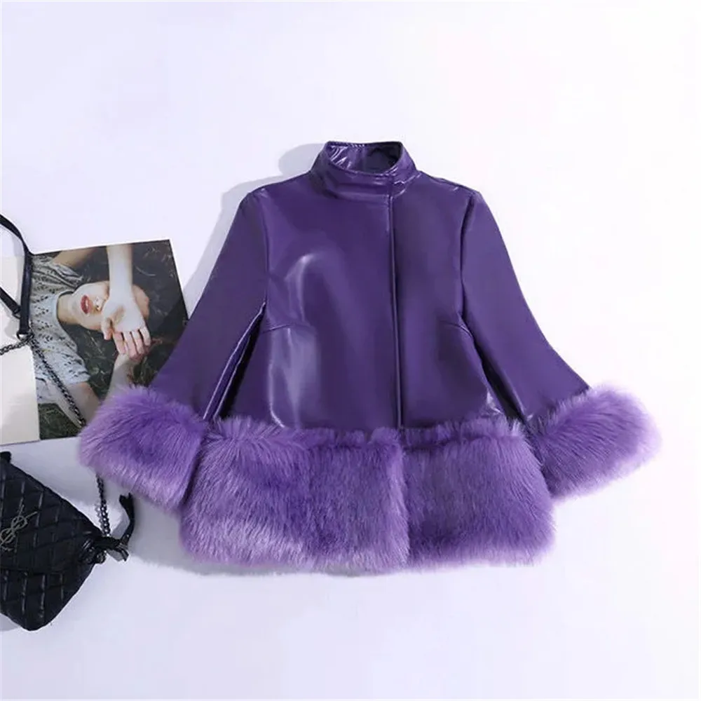 Autumn Women'S Pu Leather Faux Fox Fur Stitching Fur Stand Collar Women'S Cropped Sleeve Leather Coat Female Korean Plush Jacket