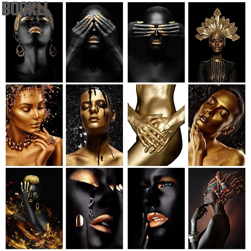 

African Art Black And Gold Woman Oil Painting On Canvas Cuadros Posters And Prints Scandinavian Wall Art Picture For Living Room