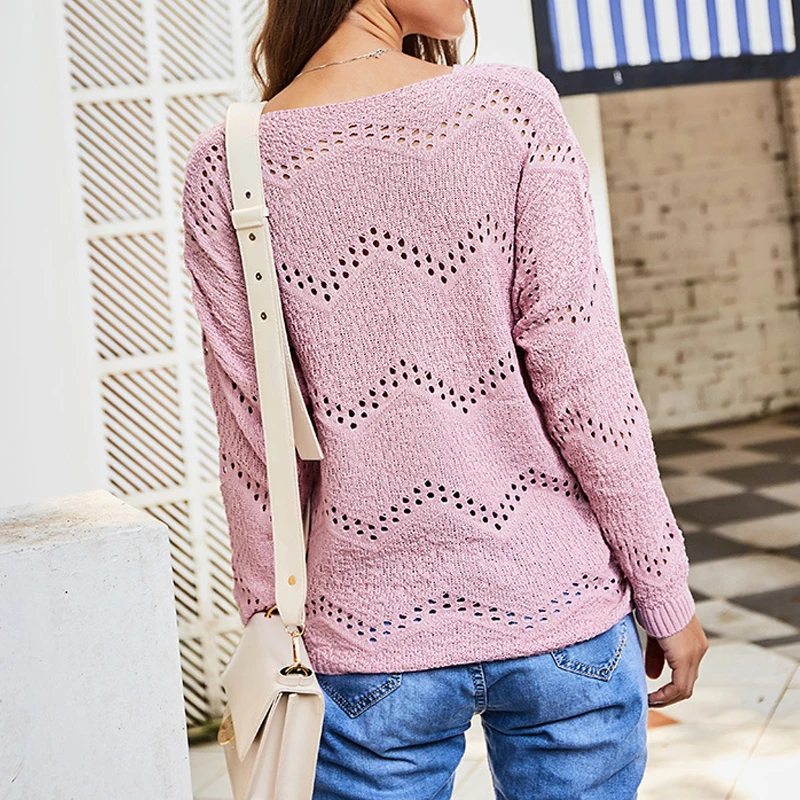 New 2019 Pink Long Sleeve Hollow Out Autumn Ladies Jumper Knit Top Crew Neck Casual Knitted Sweater Women Wave Pull Femme | Женская