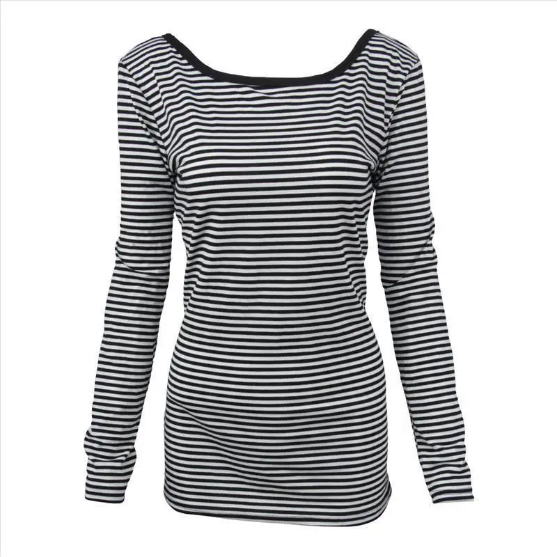 

Spring backless cross collar black and white striped T-shirt long sleeve blouse