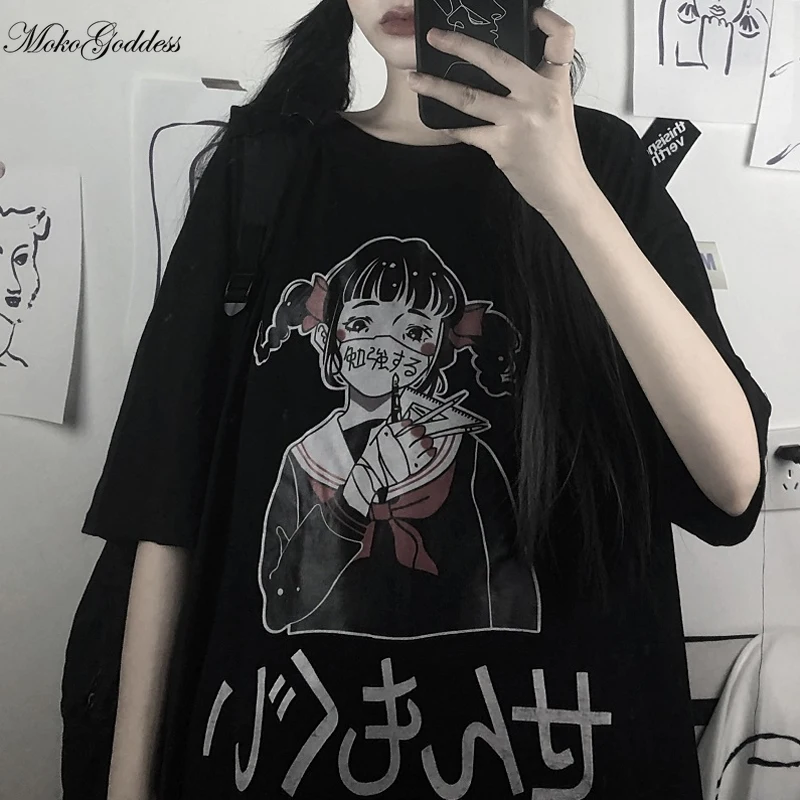 

Funeral T-shirts girl 2020 summer new loose Harajuku style cartoon short-sleeved T-shirt black top ins student Dark tshirts