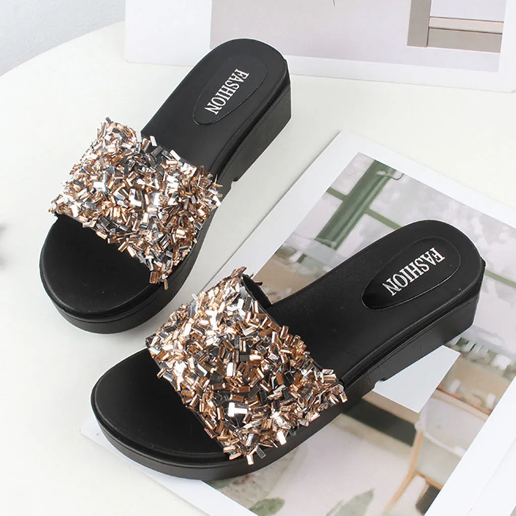 Шлепанцы SAGACE женские с блестками домашние тапочки со стразами сандалии на