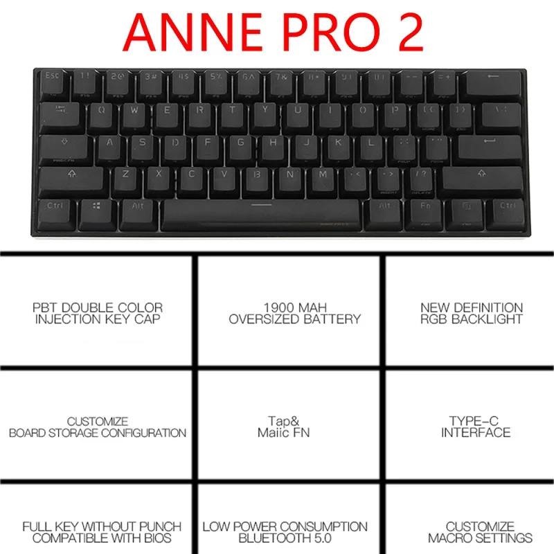 

Anne Pro2 61Keys Mechanical Keyboard RGB Backlit Wireless Bluetooth Gaming Keyboard Mini Portable Gateron CAP Red Yellow Switch