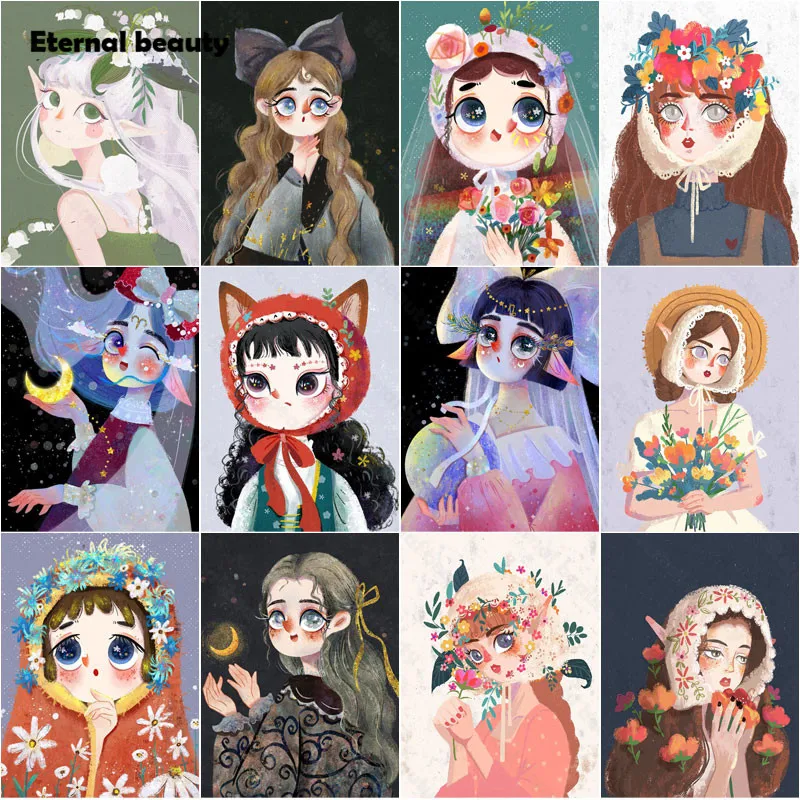 

Diamond Painting Cartoon Girls Hand Painted Pictures of Rhinestones Full Diamond Embroidery Cross Stitch Kits Mosaic Home Decor