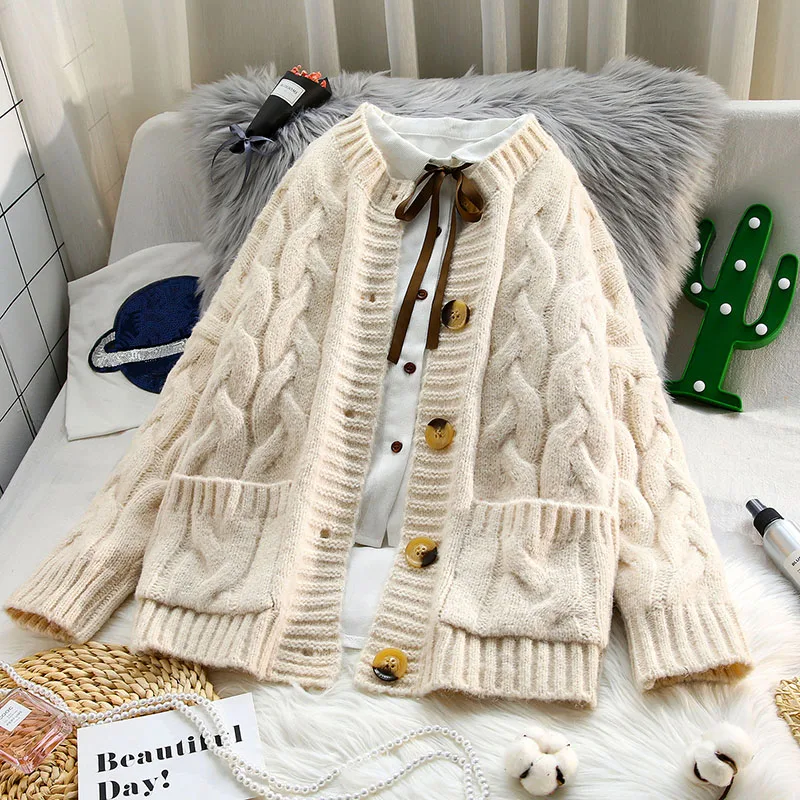 

Solid Knitted Women Sweater and Cardigan 2021 Winter New Button Pocket Thicken Warm Female Outwear Coat Tops