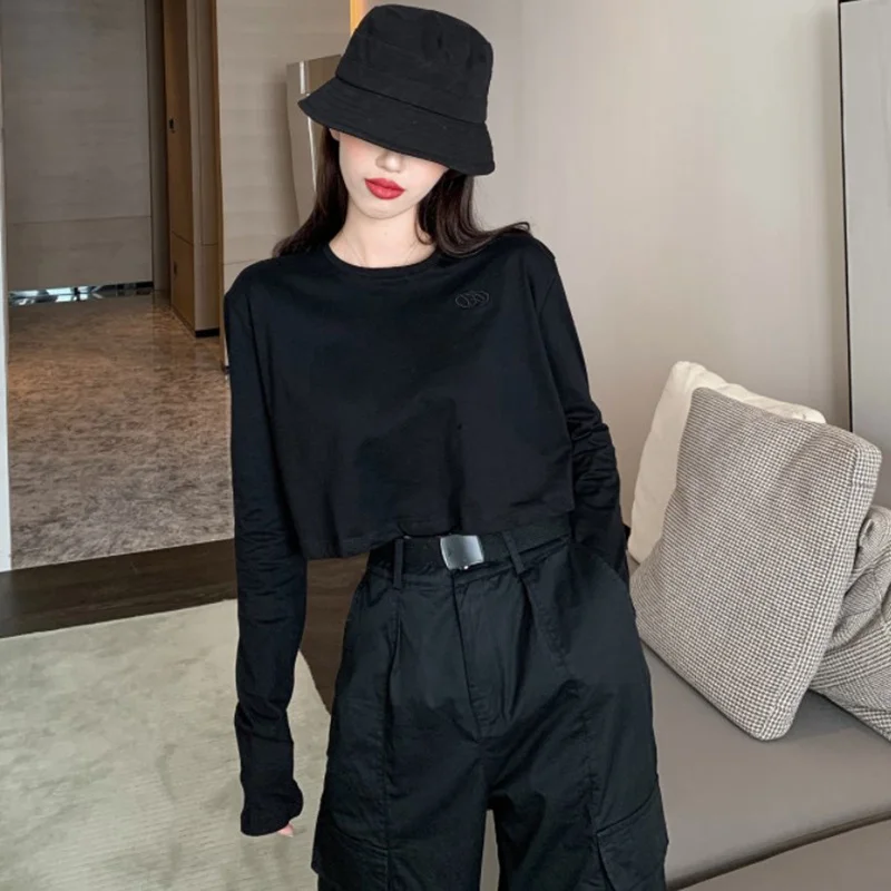 

Sexy Short Navel Solid Color T-shirt for Women 2021 New Casual Loose Long Sleeve Bottoming Shirt Top for Women Jum