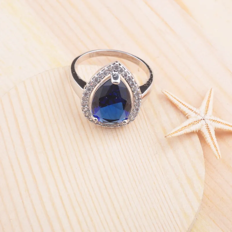 Комплект из колье серёг и кольца с голубым кристаллом | Украшения аксессуары