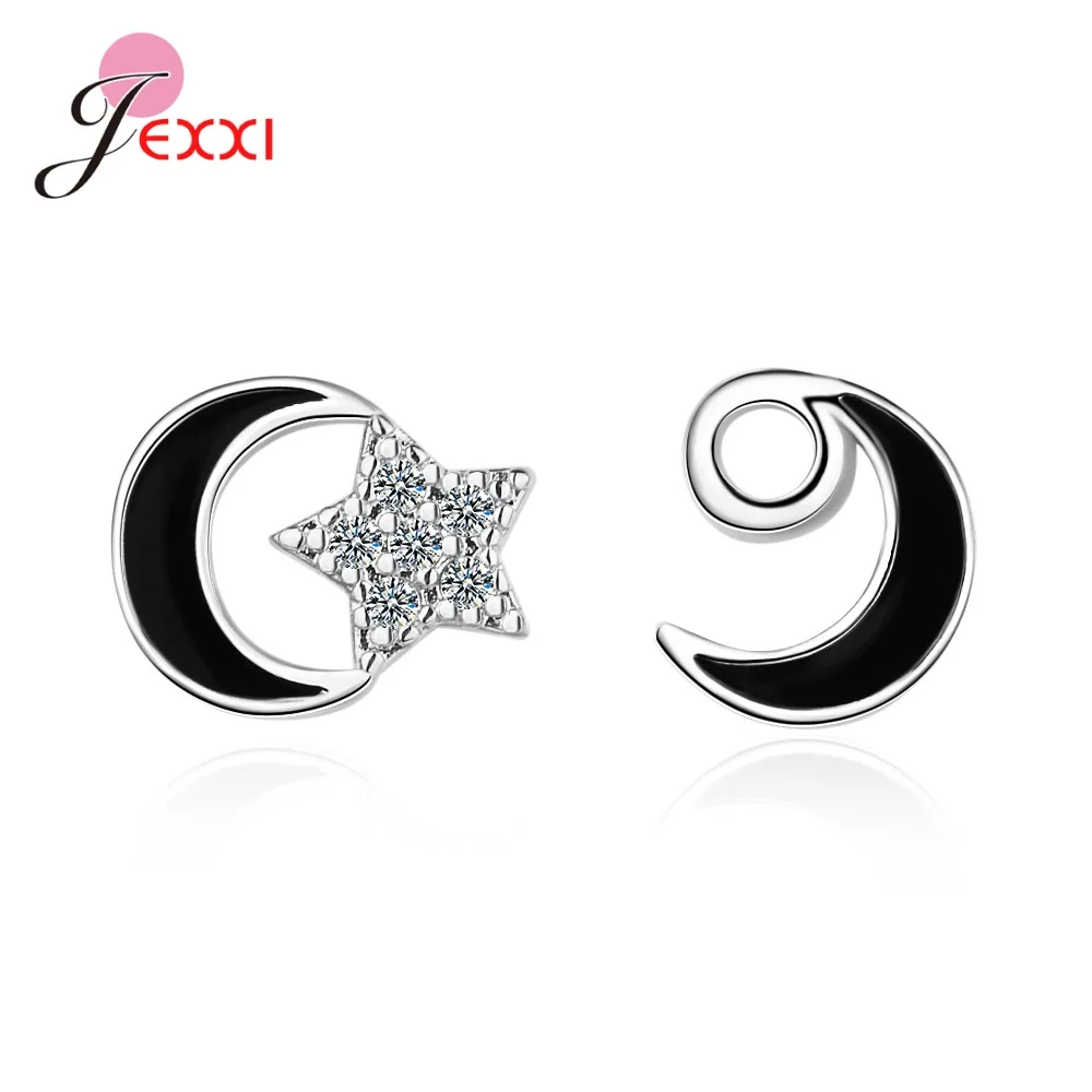 

Fashion Black Drop Glaze Moon Star Stud Earrings 925 Sterling Silver Cubic Zircon Pendientes for Women Cute Jewelry