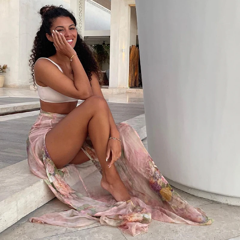 

Asymmetrical Split Rose Printed Transparent Long Skirt Women High Waist Sexy Mesh Vacation Beach Style French Robe 2021 Iamhotty