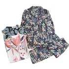 Пижама женская хлопковая свободного покроя, удобный тонкий пижамный комплект для дома, повседневная одежда из 2 предметов, с длинным рукавом, с цветочным принтом листьев