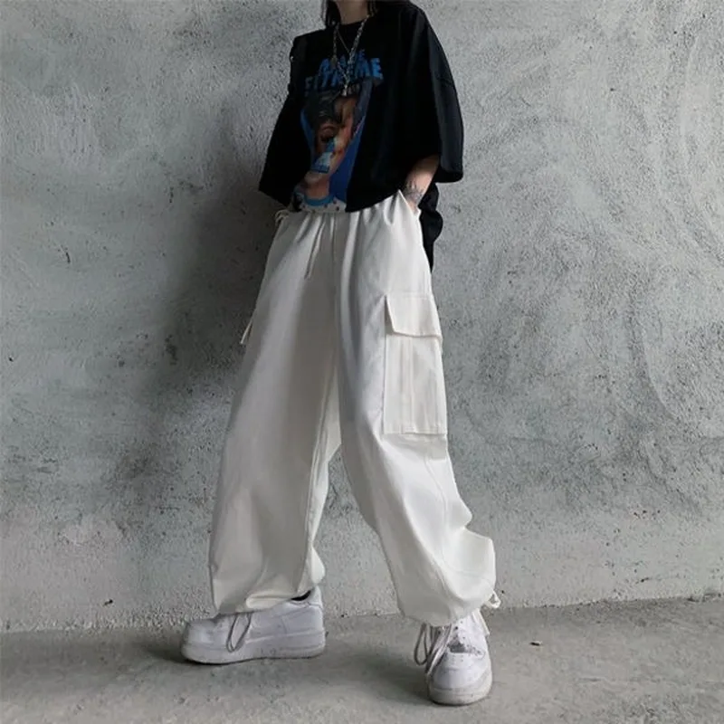 

women Harajuku White Cargo Pants Women Vintage HIgh Waist Pants Hip Hop Streetwear Pockets Straight Pants Joker Black Trousers