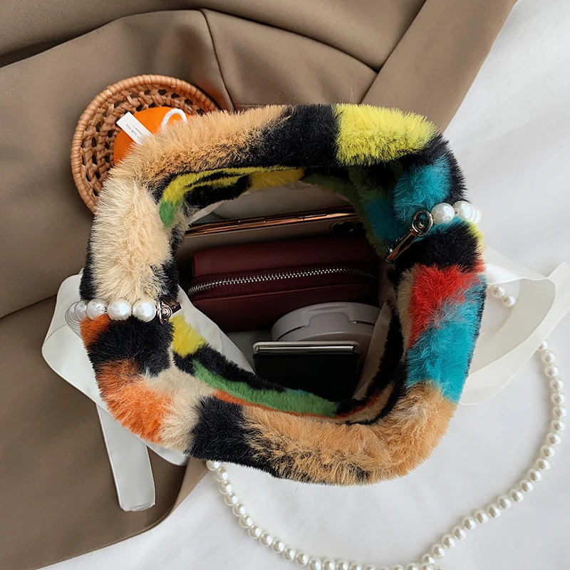 

Winter Trend Geometrical Pattern Pleated Bag for Women's Pearl Chain Bow Plush Bag Female Daily All-match Bags 2020 New Handbags