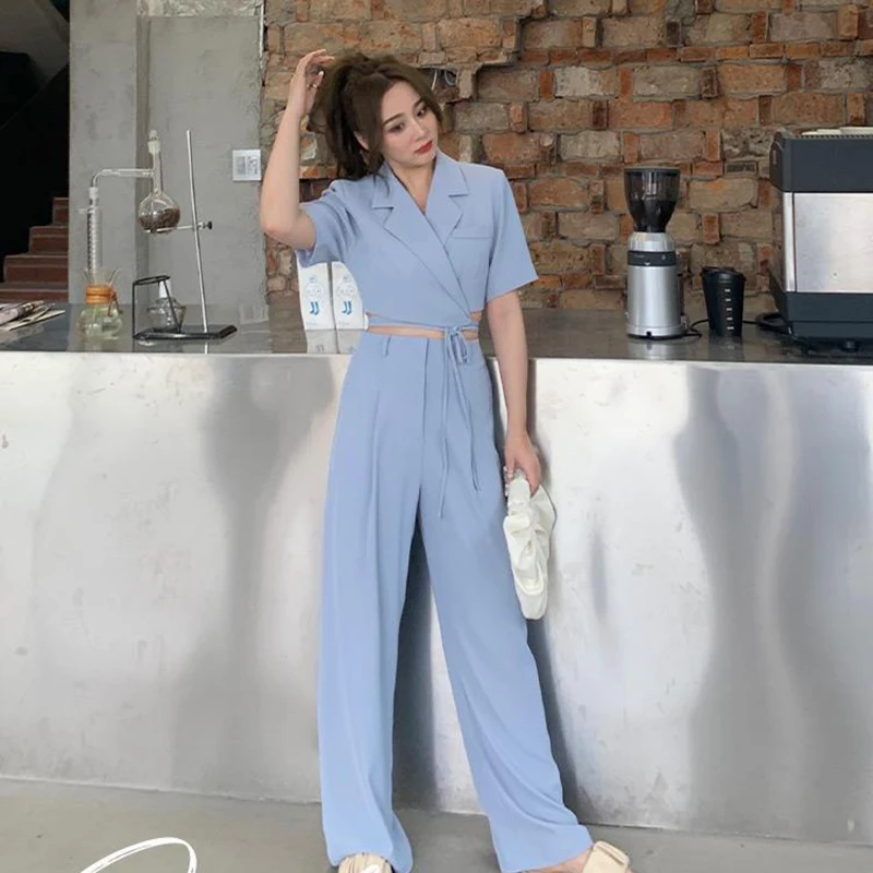 

Летний женский короткий Блейзер, брюки с широкими штанинами, костюмы, Женская куртка с брюками, винтажные комплекты из двух предметов с Кули...