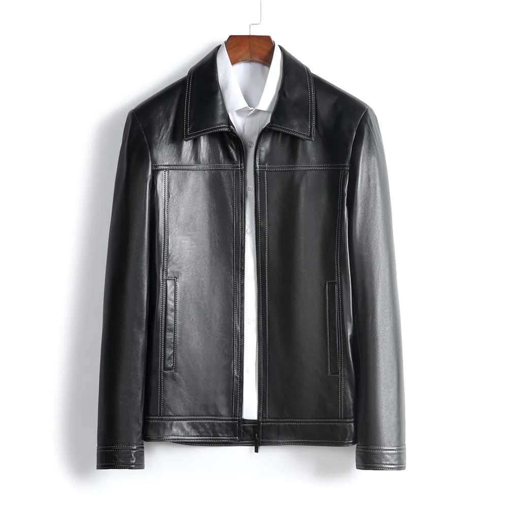 

Мужская кожаная куртка, черная приталенная куртка из натуральной овечьей кожи, осень 2021