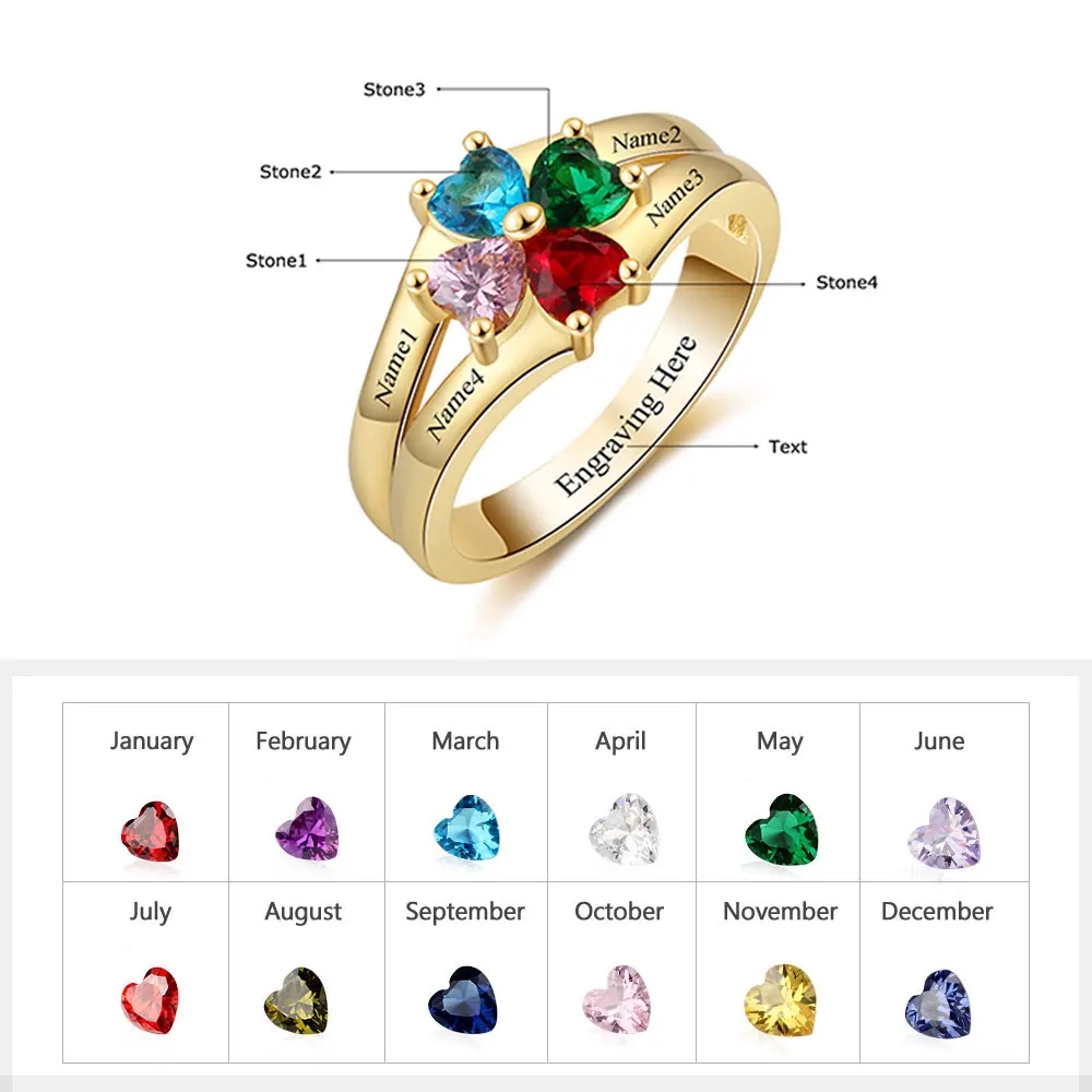 4 Names-Gold Кольцо с комером,соответстуюшщий месяцу рожения,можно выгравировать имя Чистого серебра 925 обручальное кольцо diy сердце любовь формого кольцо(jewelora RI101781 - Цвет камня: 4 Names-Gold