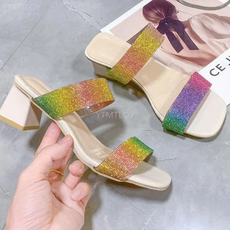 

Women's Sandals Thick High Heel Shiny Rhinestone With Indoor Summer Ytmtloy House Slippers Zapatillas Mujer Casa 2021