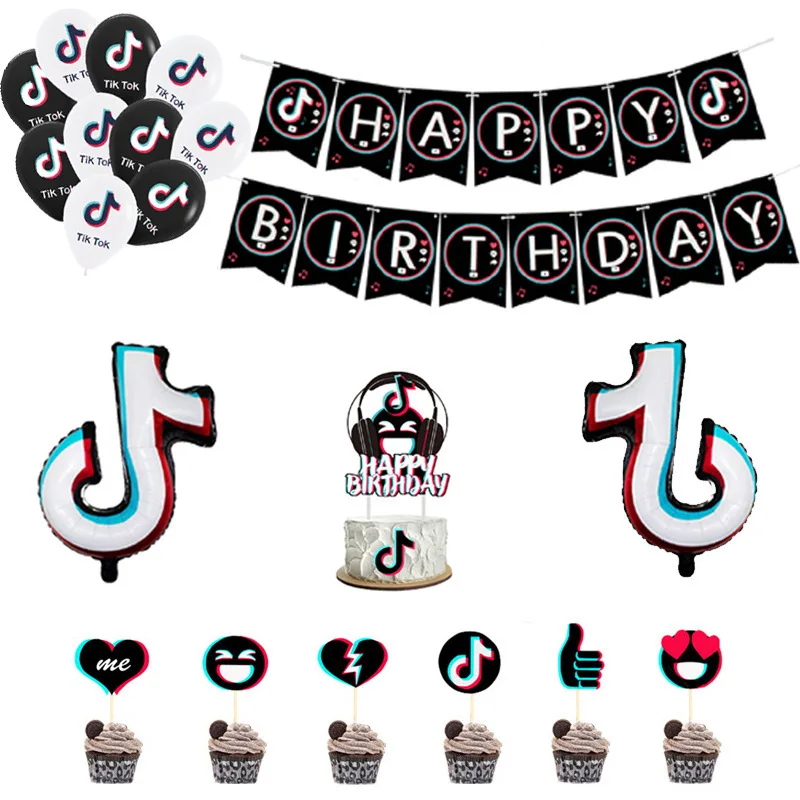 

Tik Party Decorations Supplies Happy Birthday Banner Balloon Birthday Cake Toppers Birthday Theme Party Music Party