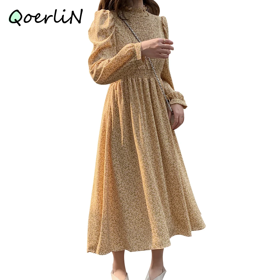 

2021 Spring New Korean Women's Long Sleeve Turtleneck Floral High Waist Chiffon Dress Vintage Printed Flower Vestidos Plus Size