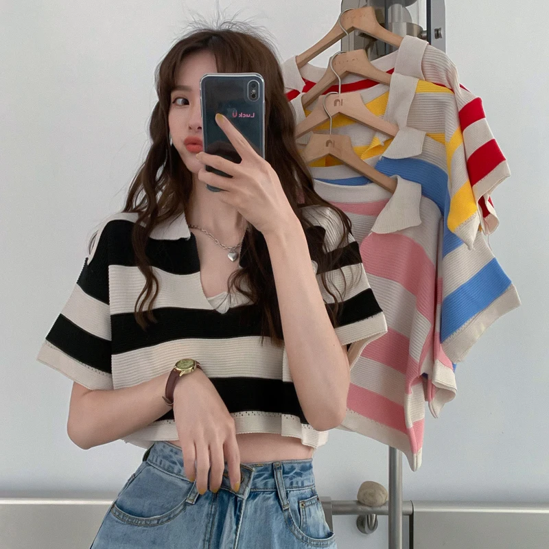 Женская футболка в полоску с коротким рукавом и V образным вырезом Новинка лета