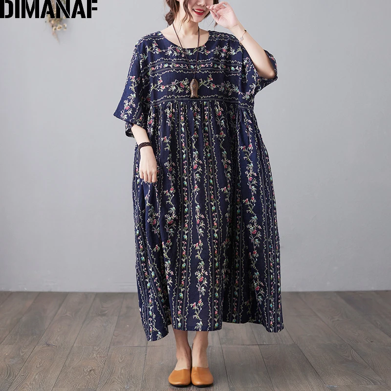 

DIMANAF 2021 размера плюс летнее платье для женщин Пляжное платье Vestidos с цветочным принтом длинное платье больших размеров свободного покроя ...