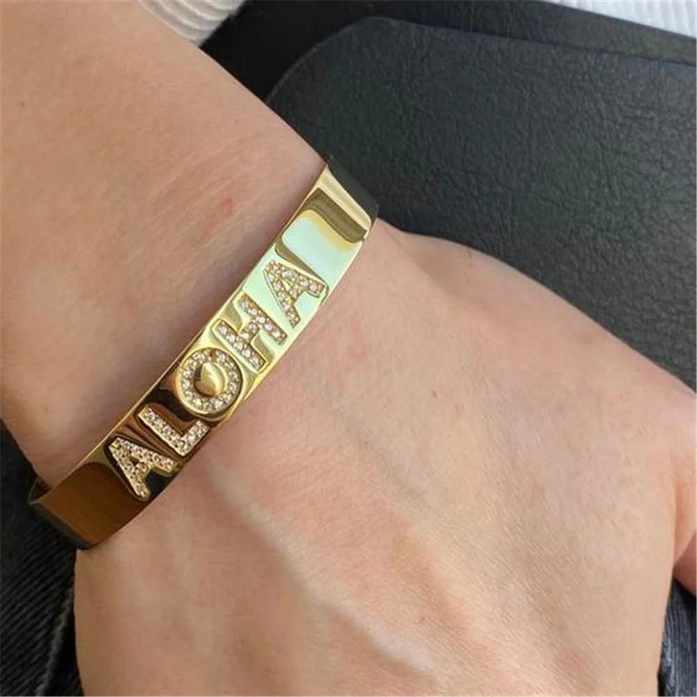 

KristenCo Customized Name Bracelet with Diamon Letter Personalized Custom Cuff Bangles Women Men Stainless Steel Jewelry Gifts