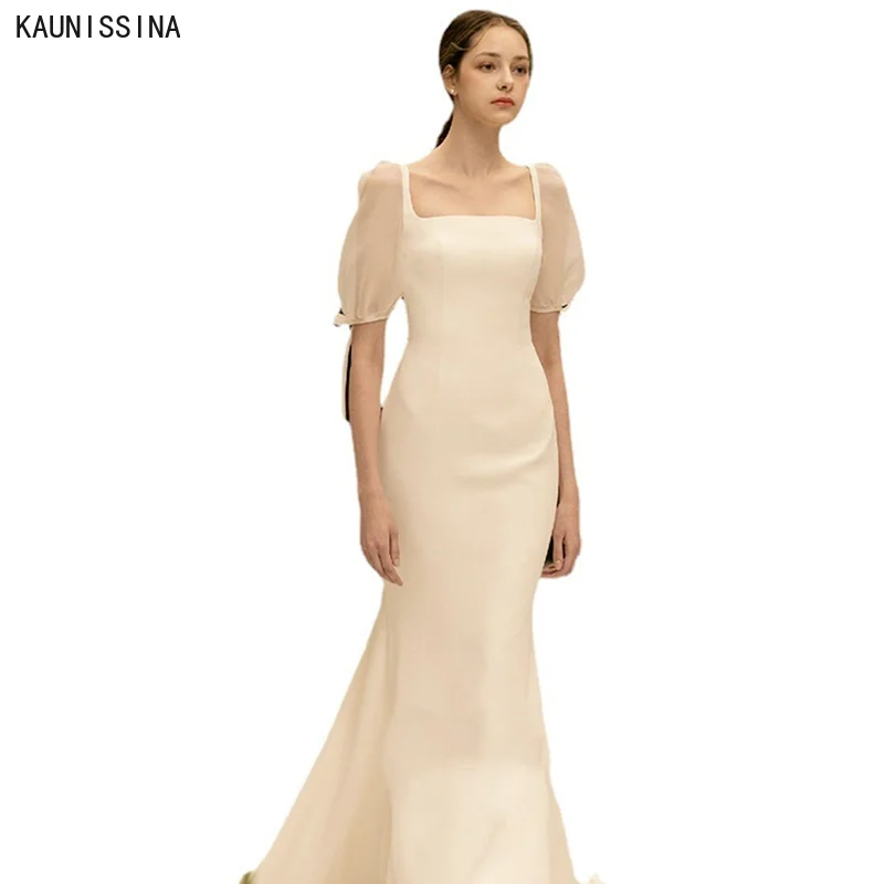 

KAUNISSINA Satin Wedding Dress Mermaid Square Collar Vestido De Noiva Short Sleeve Buttons Court Train Simple Bridal Gowns