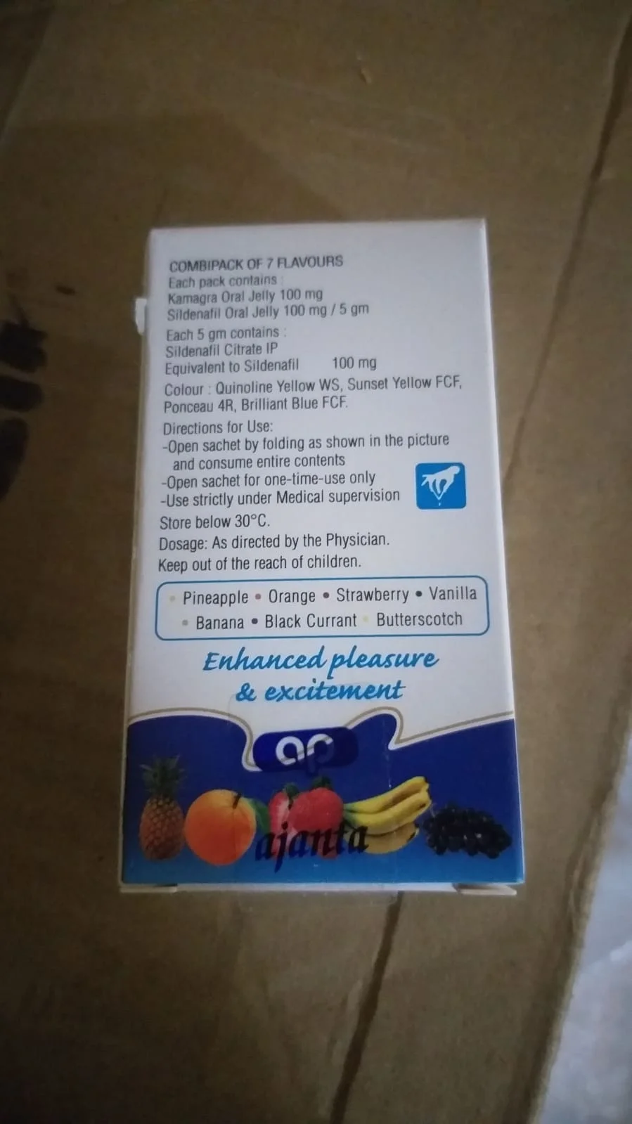 

Kamagra Oral Jelly Weekly Pack 7 Assorted Mixed Fruit Flavors 5gr x 7 pieces