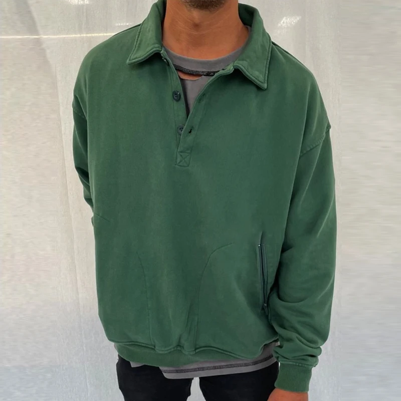 

Осенняя Новая повседневная однотонная мужская модная толстовка мужская с отложным воротником на пуговицах в стиле ретро, пуловер, Весенняя...