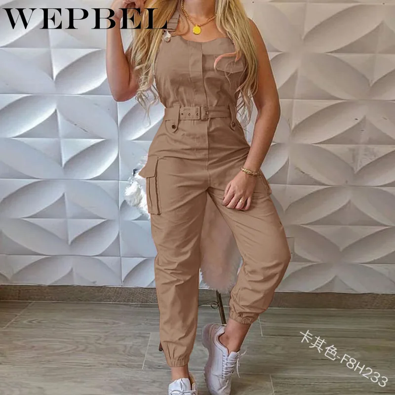 

WEPBEL Casual Cargo Playsuit Sleeveless O Neck Jumpsuit With Pocket and Belt Women Elegant Pencil Pants Overalls