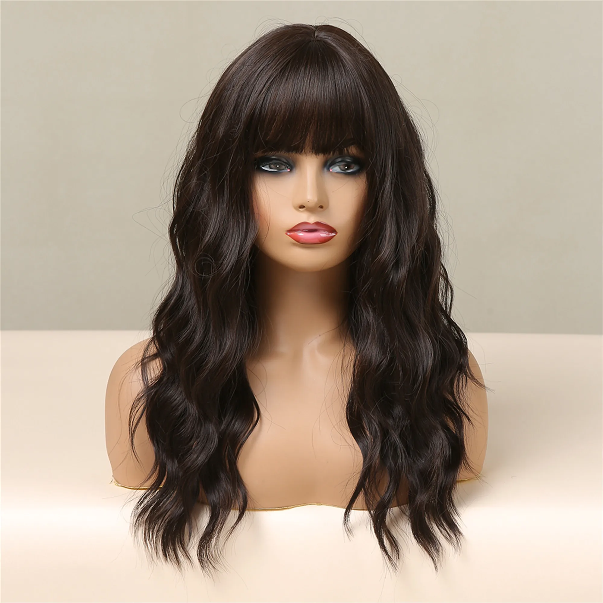 Фото HENRY MARGU Natural Dark Brown Wigs for Black Women Afro Long Deep Wave Synthetic Hair Wig with Bangs Cosplay Heat Resistant Wig №2