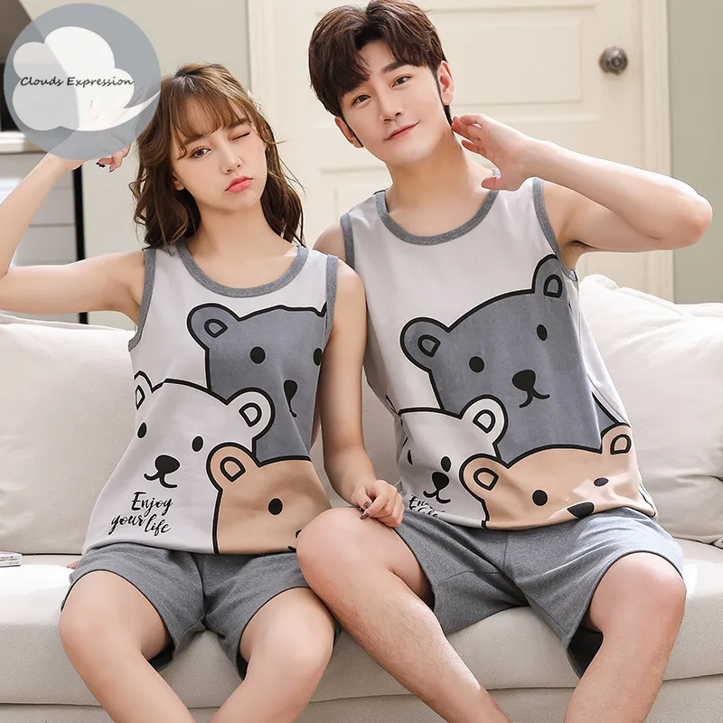 Летняя Пижама с коротким рукавом повседневные пижамные комплекты для пар женщин