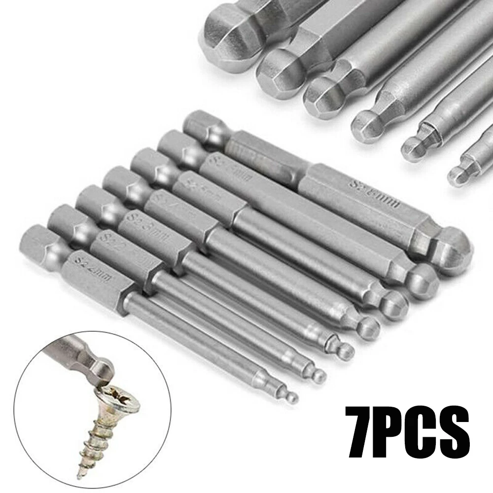 7 Pcs 65mm Magnetic Ball End Hexagon Head Hex Screwdriver Bits Drill Tools Set H2, H2.5, H3, H4, H5, H6, H8 Spherical Hand Tools