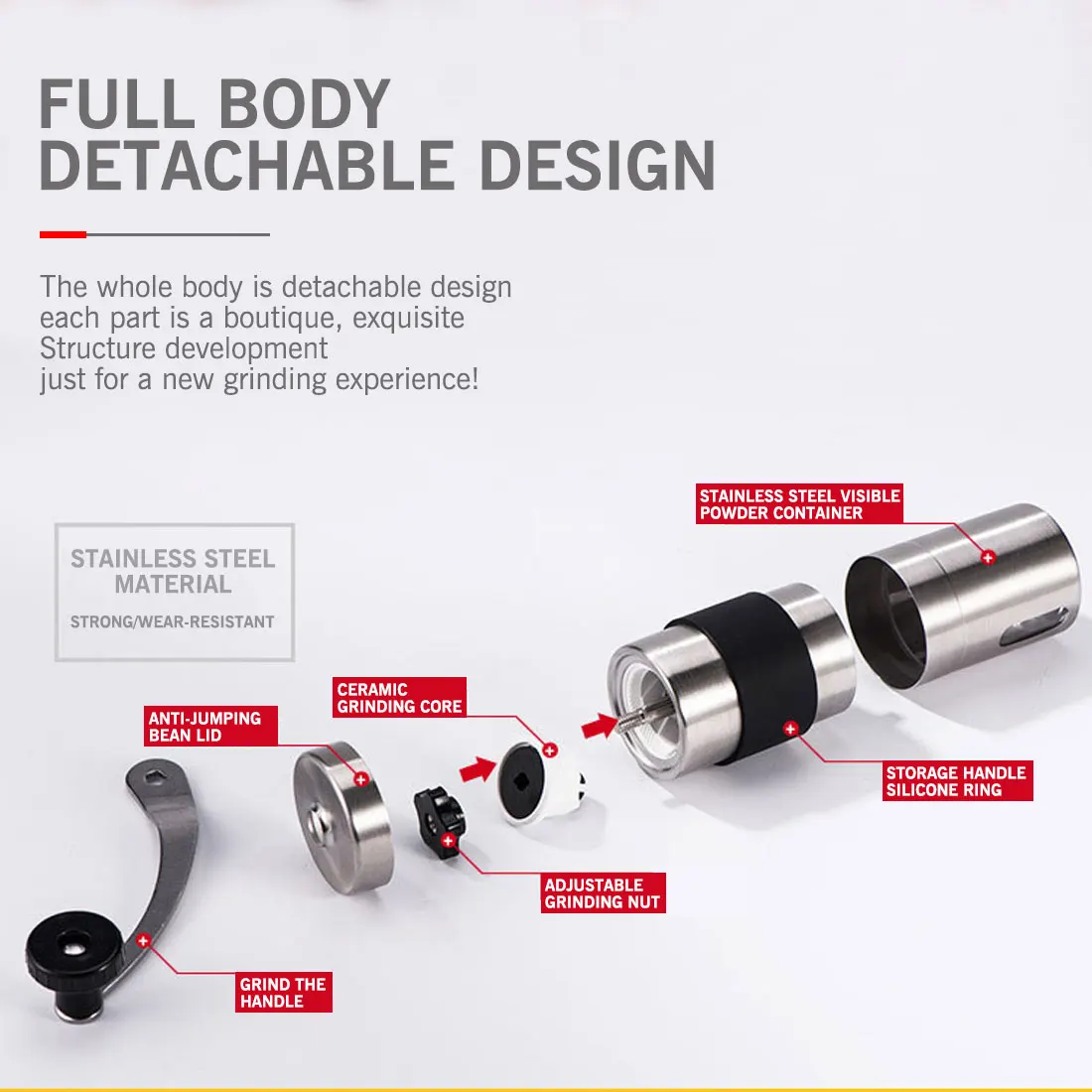 

Stainless steel hand-cranked coffee grinder mini handheld silver grinder stainless steel manual coffee bean inserting machine