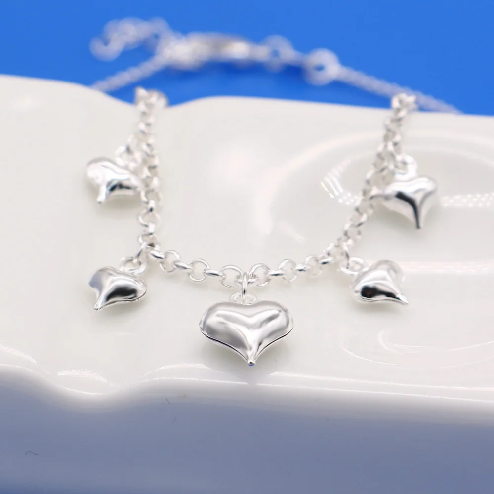 Женский браслет на лодыжку из серебра 925 пробы с подвеской в виде сердца цепочка