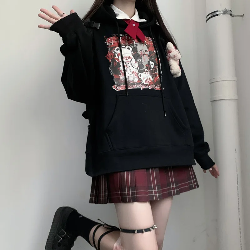 

HARAJPOO Woman Sweatshirt 2021 New Spring Autumn Japanese Style Dark Harajuku Cartoon Printed Loose Versatile Hooded Hoodie Tide