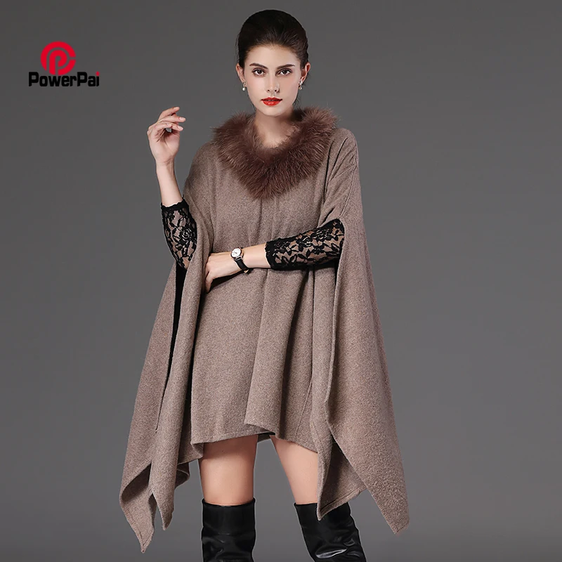 

V collar Fox Fur Poncho Fashion Split Pullover Cape Knitting yarn Acrylic Cashmere Shawl Cloak Long Women Autumn Winter Pashmina