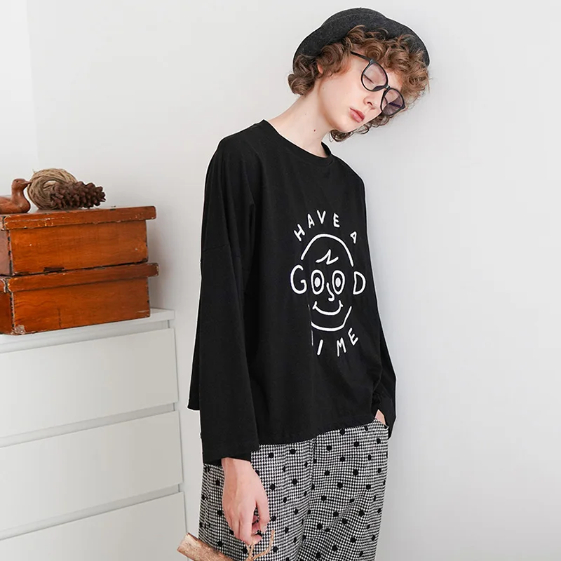imakokoni black embroidered long-sleeved T-shirt original design simple childlike pure cotton tops female autumn 182450 | Женская одежда