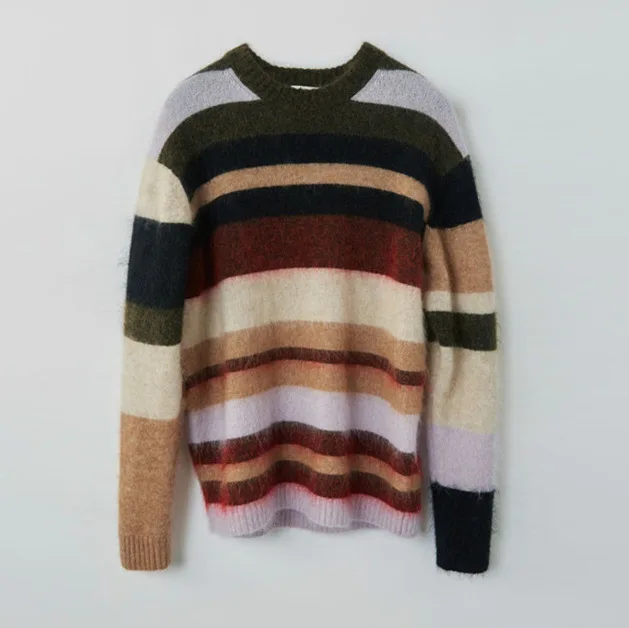 

2021 Autumn and Winter New Wool Blend Color-blocking Striped Sweater Long-sleeved Pullover Round Neck Sweater Women Sweater