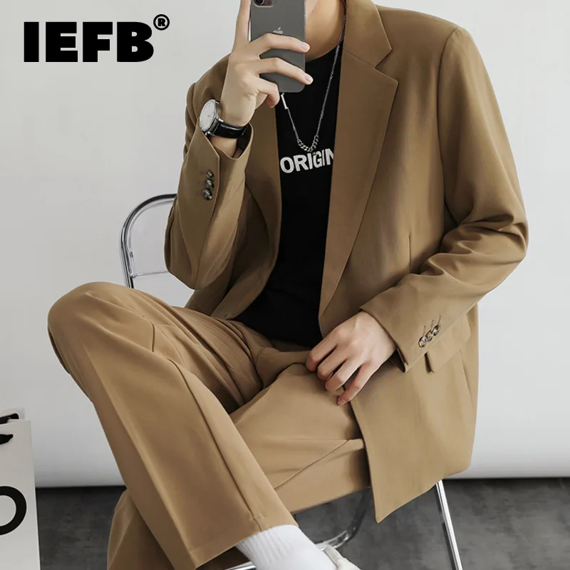 

IEFB High Quality Douple Breasted Solid Color Suit Set 2021 New Casual Long Sleeve Blazer Two Pieces Set For Male Autumn Tide