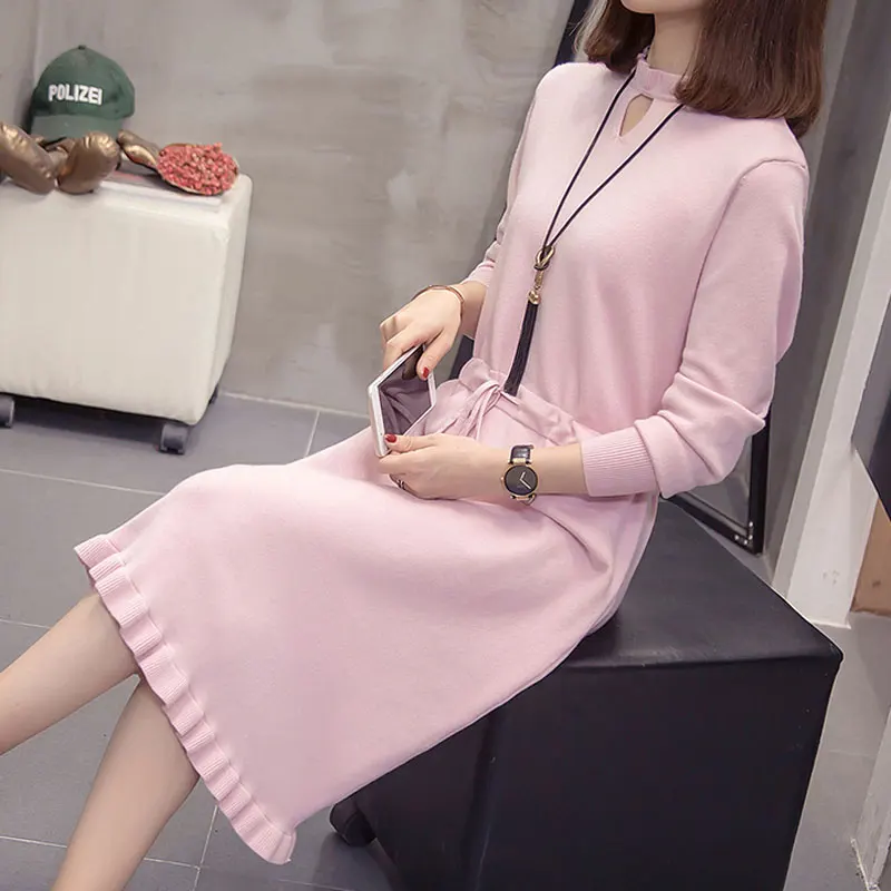 Женское базовое длинное платье свитер с высоким воротником элегантное