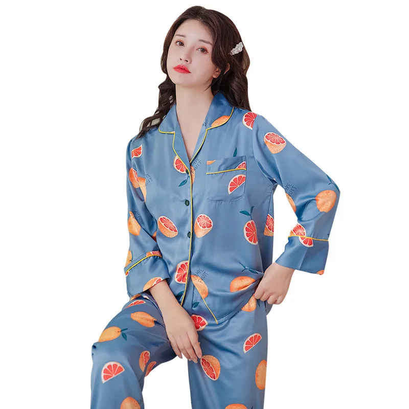 

New Product Ice Silk Ladies Pajamas Spring Long-sleeved Imitation Silk Thin Fresh Home Service Suit Loungewear Women Dormir Tops